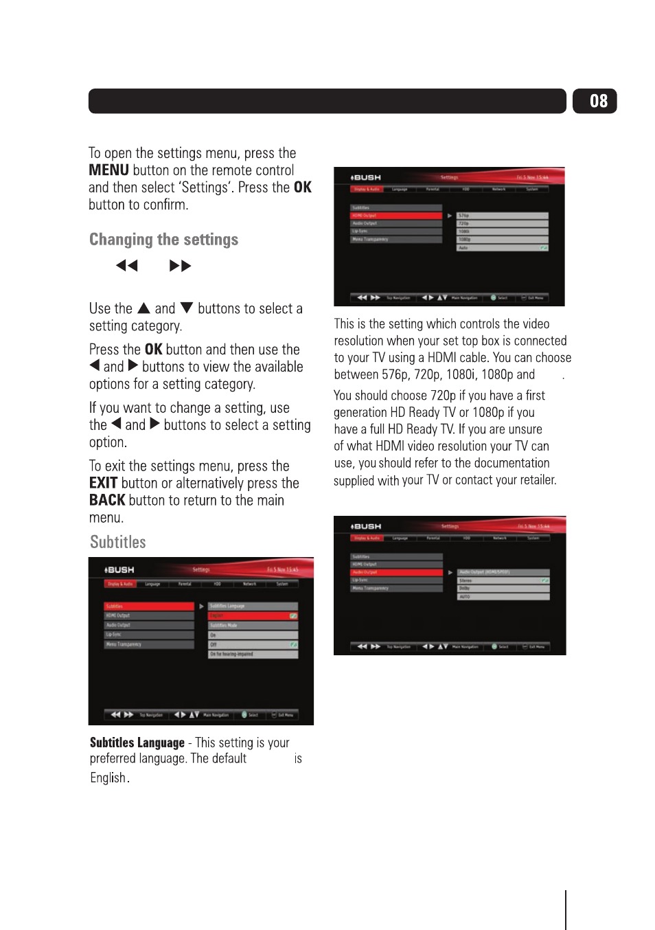 Settings menu | BUSH High Definition Digital Video Recorder BVR501FV User Manual | Page 20 / 33