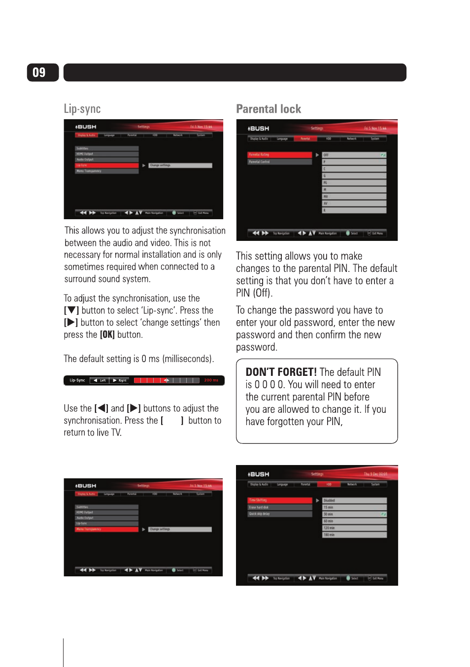 Settings menu menu transparency time shifting | BUSH High Definition Digital Video Recorder BVR501FV User Manual | Page 21 / 33