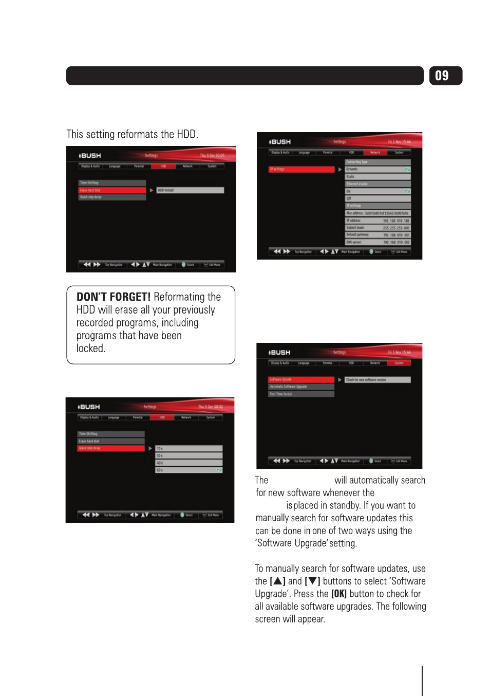 Settings menu | BUSH High Definition Digital Video Recorder BVR501FV User Manual | Page 22 / 33