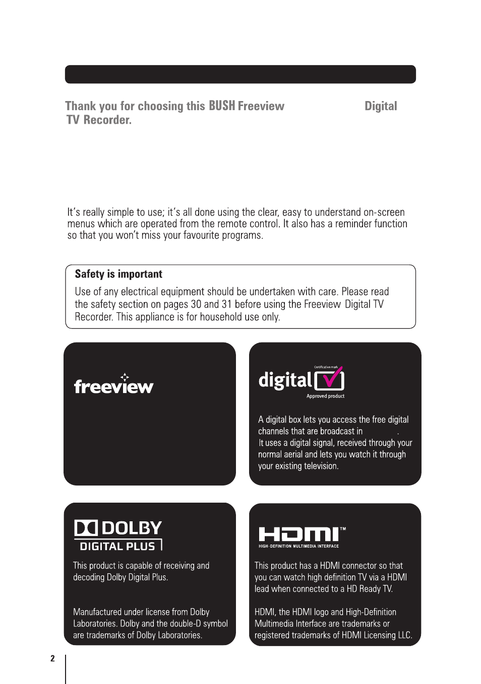 Bush, Welcome | BUSH High Definition Digital Video Recorder BVR501FV User Manual | Page 3 / 33