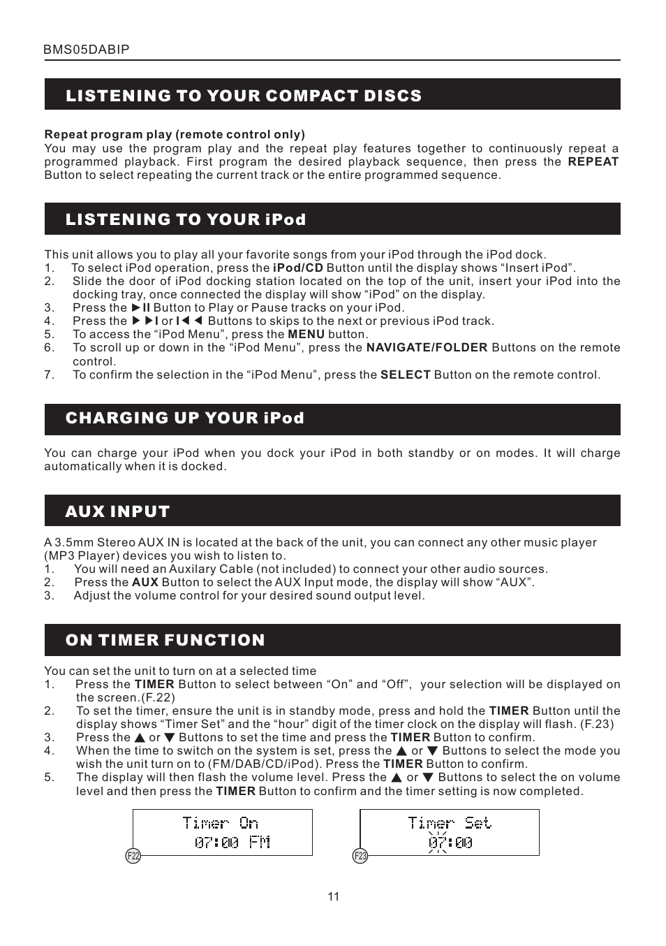 頁面 11, Aux input listening to your compact discs | BUSH DAB+ CD Mico System with Universal Dock for iPod BMS05DABIP User Manual | Page 11 / 16