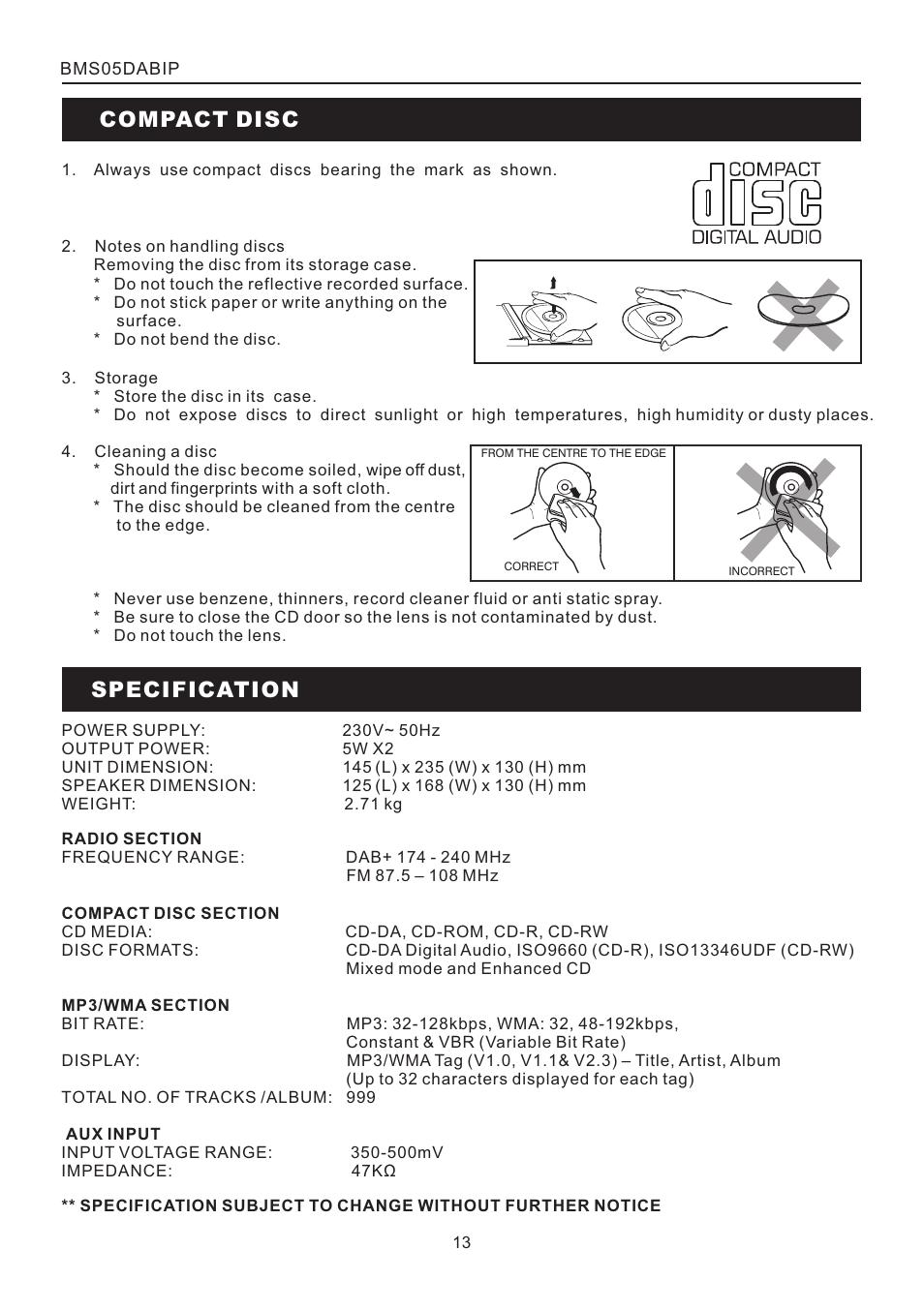 頁面 13, Compact disc specification | BUSH DAB+ CD Mico System with Universal Dock for iPod BMS05DABIP User Manual | Page 13 / 16