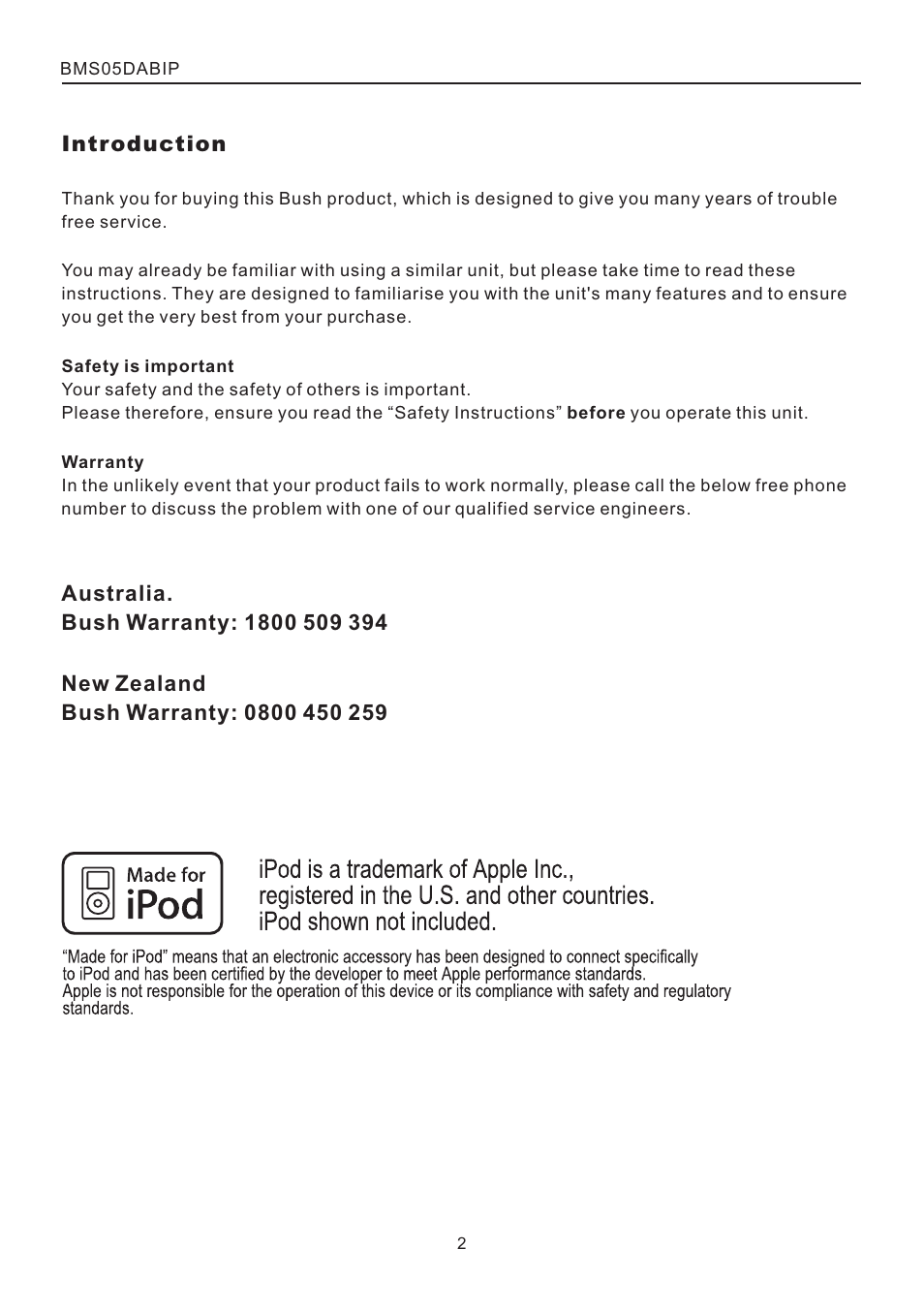 頁面 2 | BUSH DAB+ CD Mico System with Universal Dock for iPod BMS05DABIP User Manual | Page 2 / 16