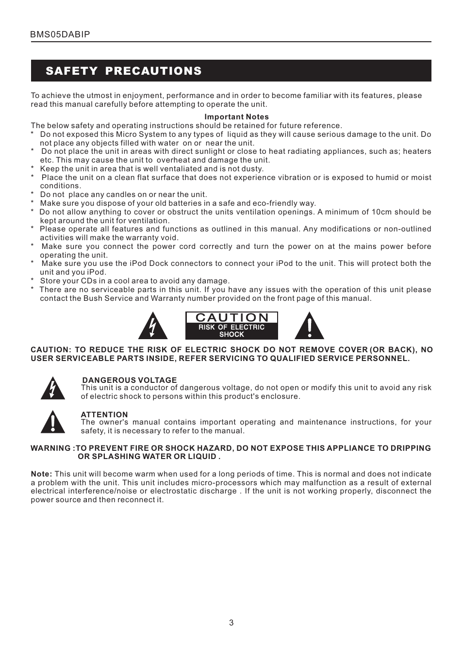 頁面 3, Safety precautions | BUSH DAB+ CD Mico System with Universal Dock for iPod BMS05DABIP User Manual | Page 3 / 16