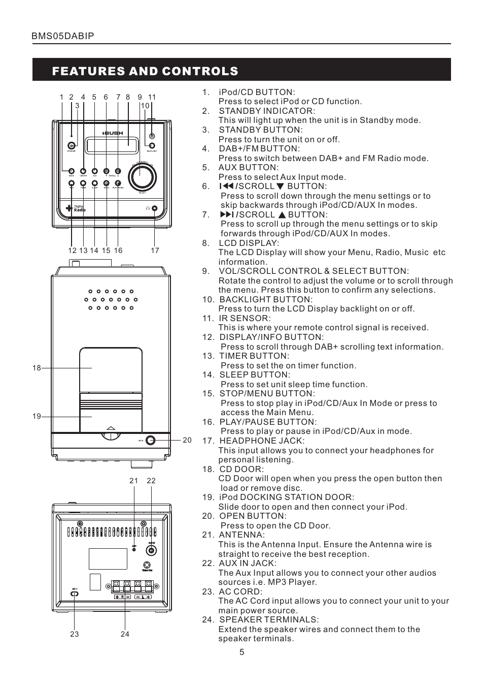 頁面 5, Features and controls | BUSH DAB+ CD Mico System with Universal Dock for iPod BMS05DABIP User Manual | Page 5 / 16