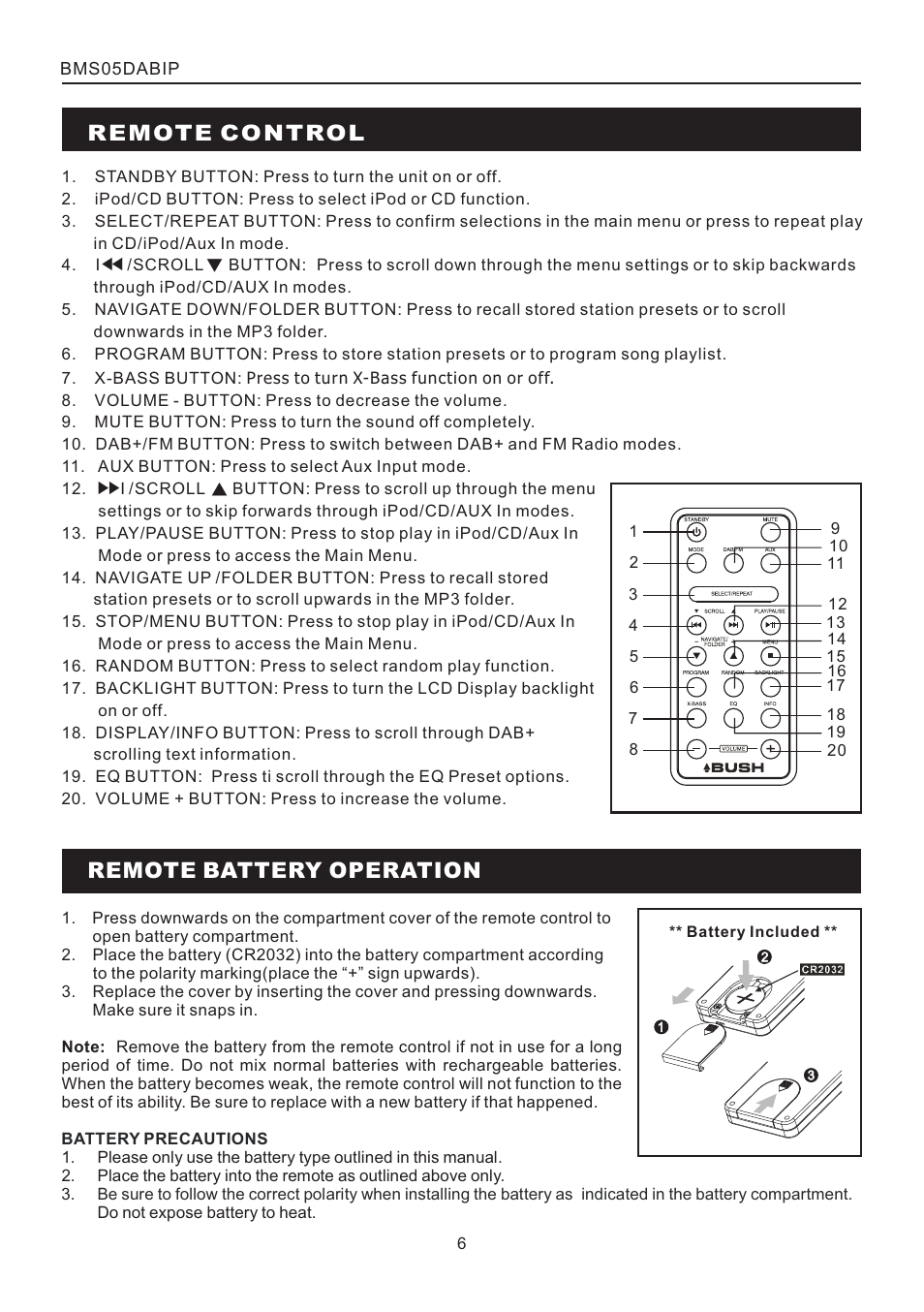 頁面 6, Remote control, Remote battery operation | BUSH DAB+ CD Mico System with Universal Dock for iPod BMS05DABIP User Manual | Page 6 / 16