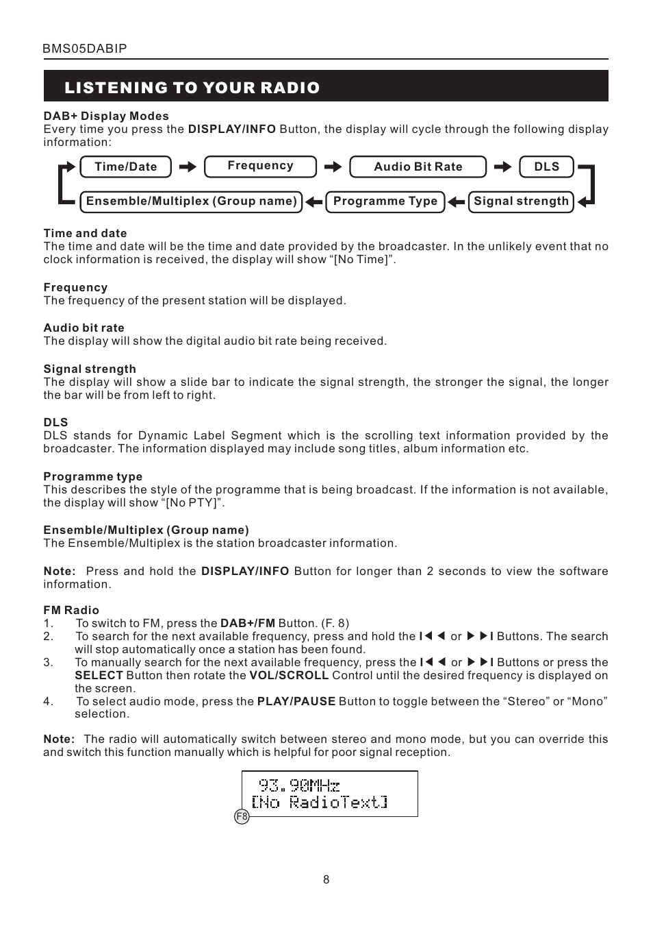 頁面 8, Listening to your radio | BUSH DAB+ CD Mico System with Universal Dock for iPod BMS05DABIP User Manual | Page 8 / 16