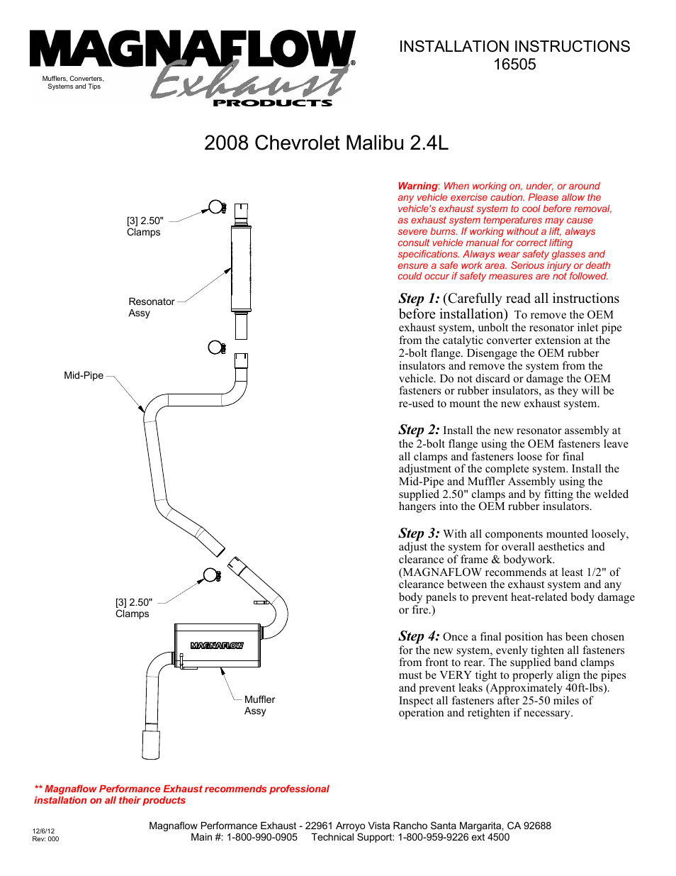 MagnaFlow CHEVROLET MALIBU Stainless Cat-Back System PERFORMANCE EXHAUST User Manual | 1 page