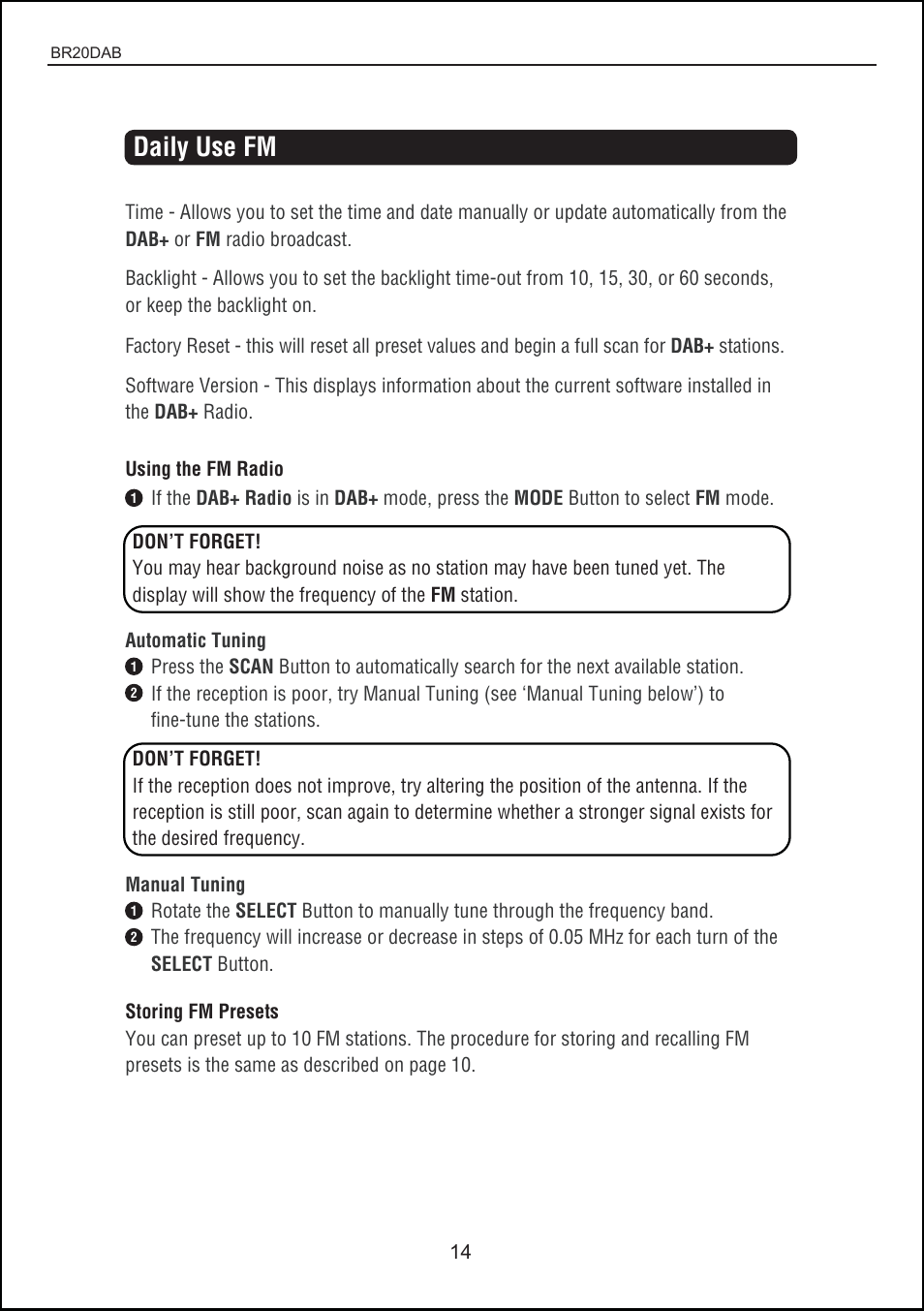 Daily use fm | BUSH DAB + digital radio with touch control BR20DAB User Manual | Page 14 / 20