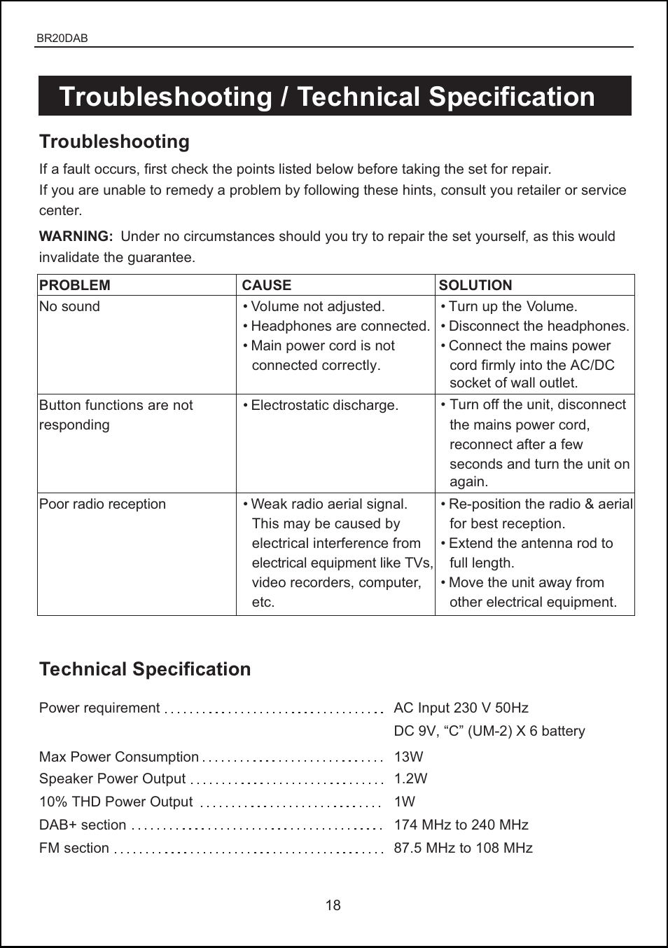 Troubleshooting / technical specification, Troubleshooting, Technical specification | BUSH DAB + digital radio with touch control BR20DAB User Manual | Page 18 / 20