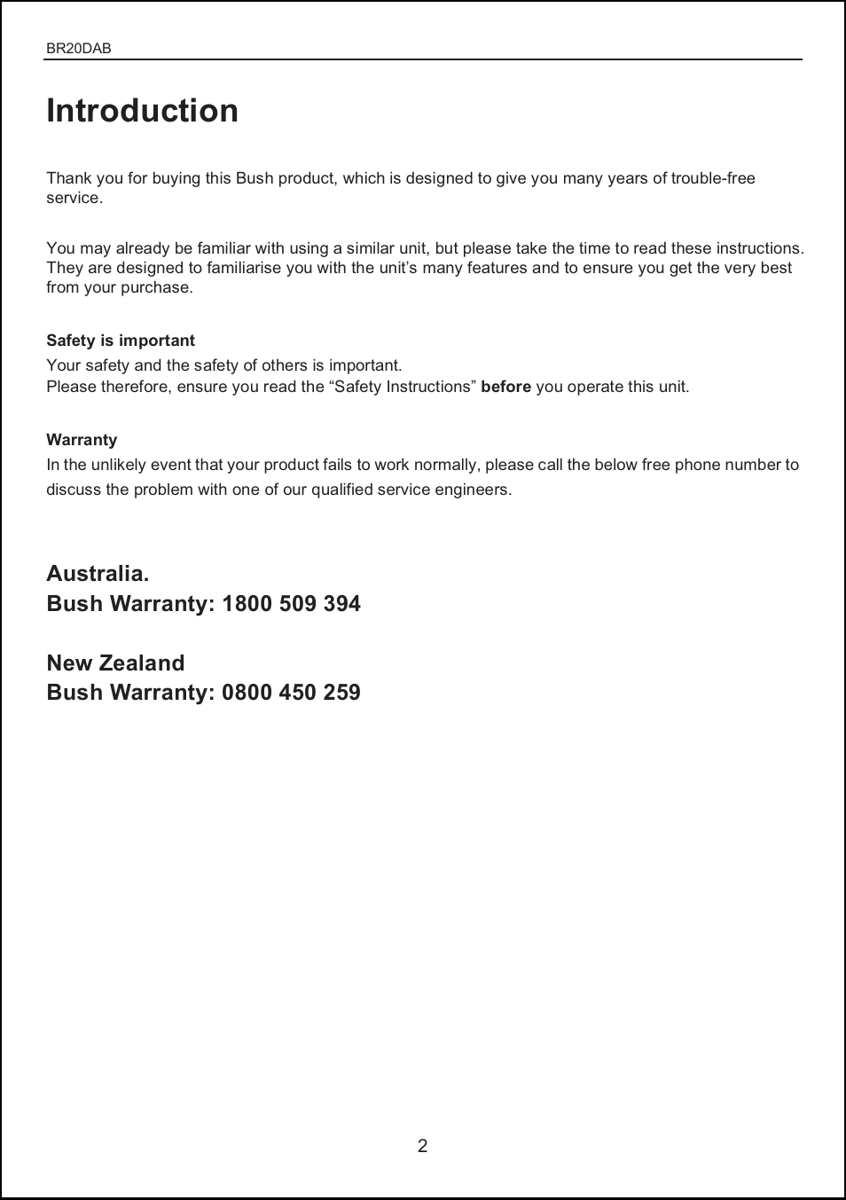 Introduction | BUSH DAB + digital radio with touch control BR20DAB User Manual | Page 2 / 20