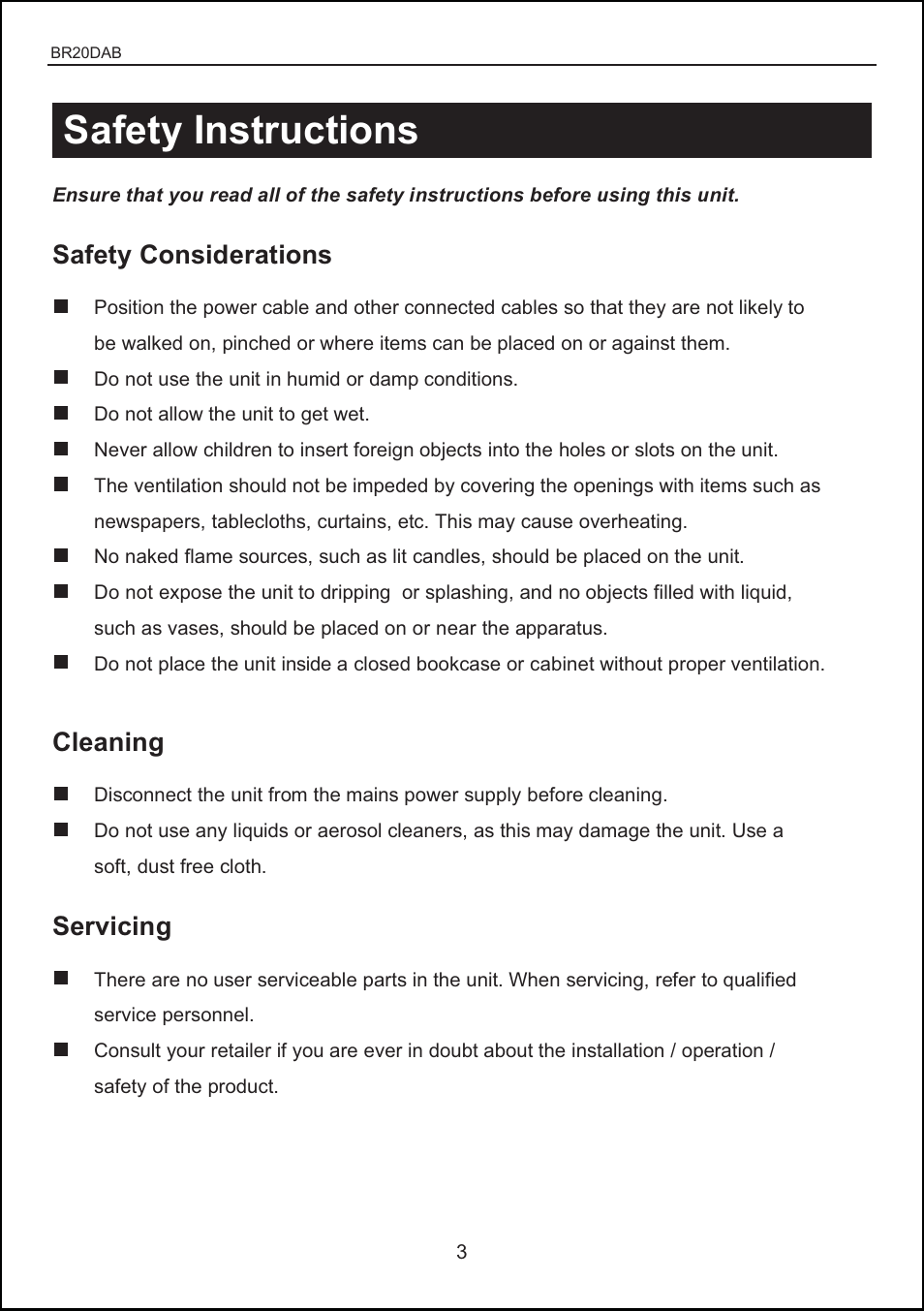 Safety instructions, Safety considerations, Cleaning | Servicing | BUSH DAB + digital radio with touch control BR20DAB User Manual | Page 3 / 20