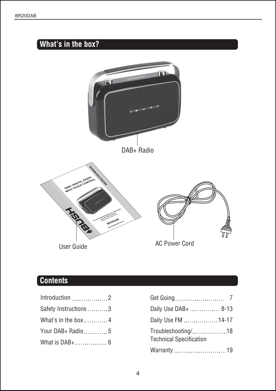 What’s in the box? contents | BUSH DAB + digital radio with touch control BR20DAB User Manual | Page 4 / 20