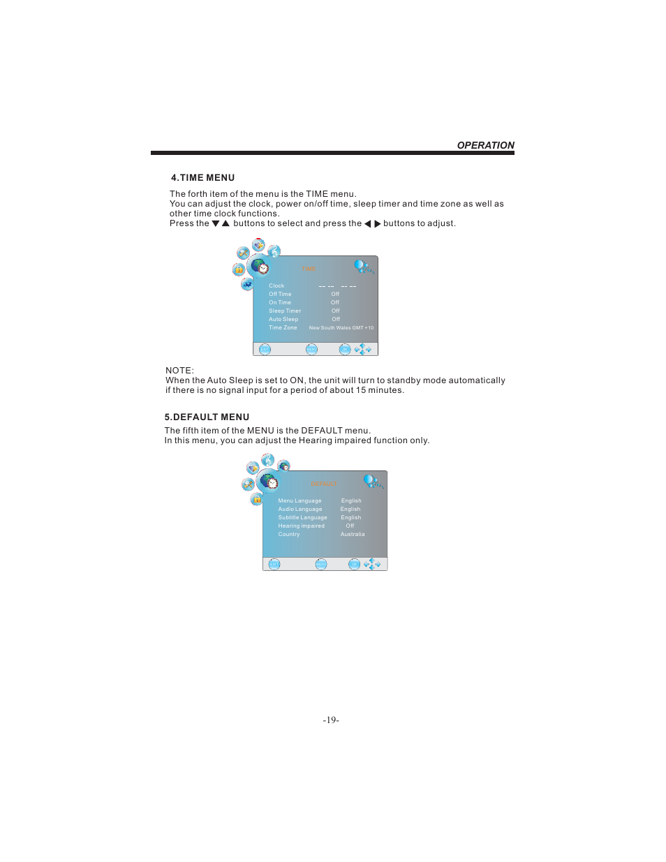 Operation -19, Time menu, Default menu | BUSH 26" LCD TV IDLCD2604HD User Manual | Page 20 / 24