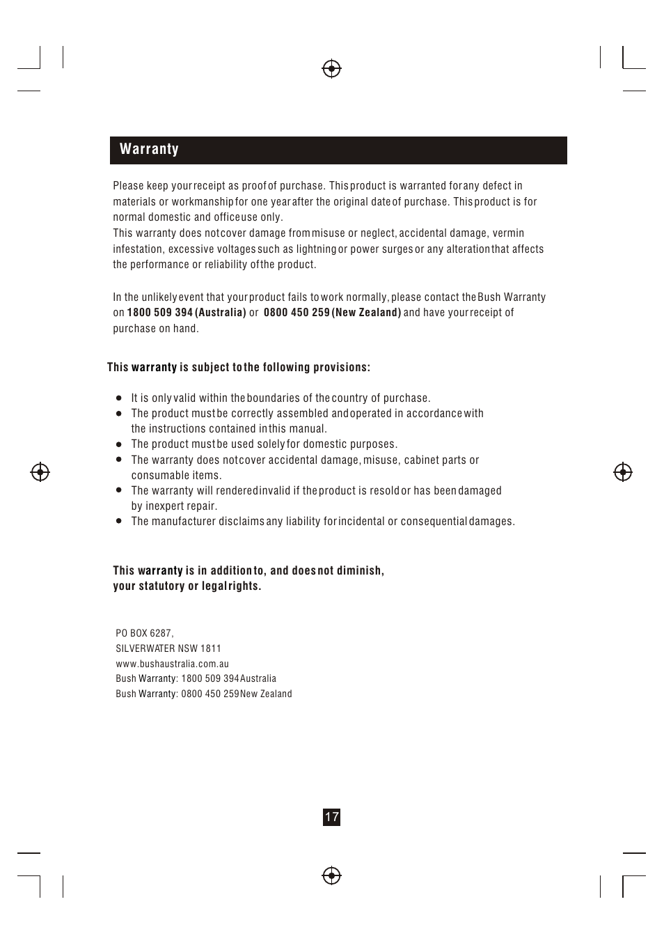 Т³гж 18, Warranty | BUSH High Definition Digital Set Top Box DFTA16HD User Manual | Page 18 / 19