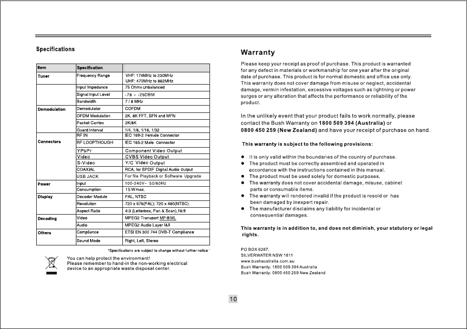 Warranty | BUSH DFTA9DVD User Manual | Page 12 / 13