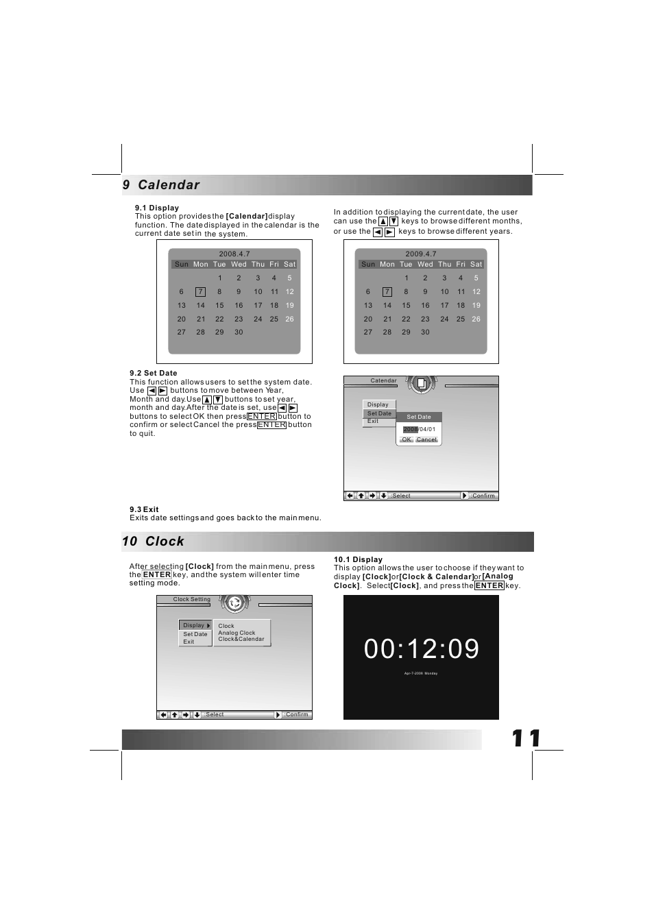 9 calendar, 10 clock | BUSH DPF801 User Manual | Page 14 / 26