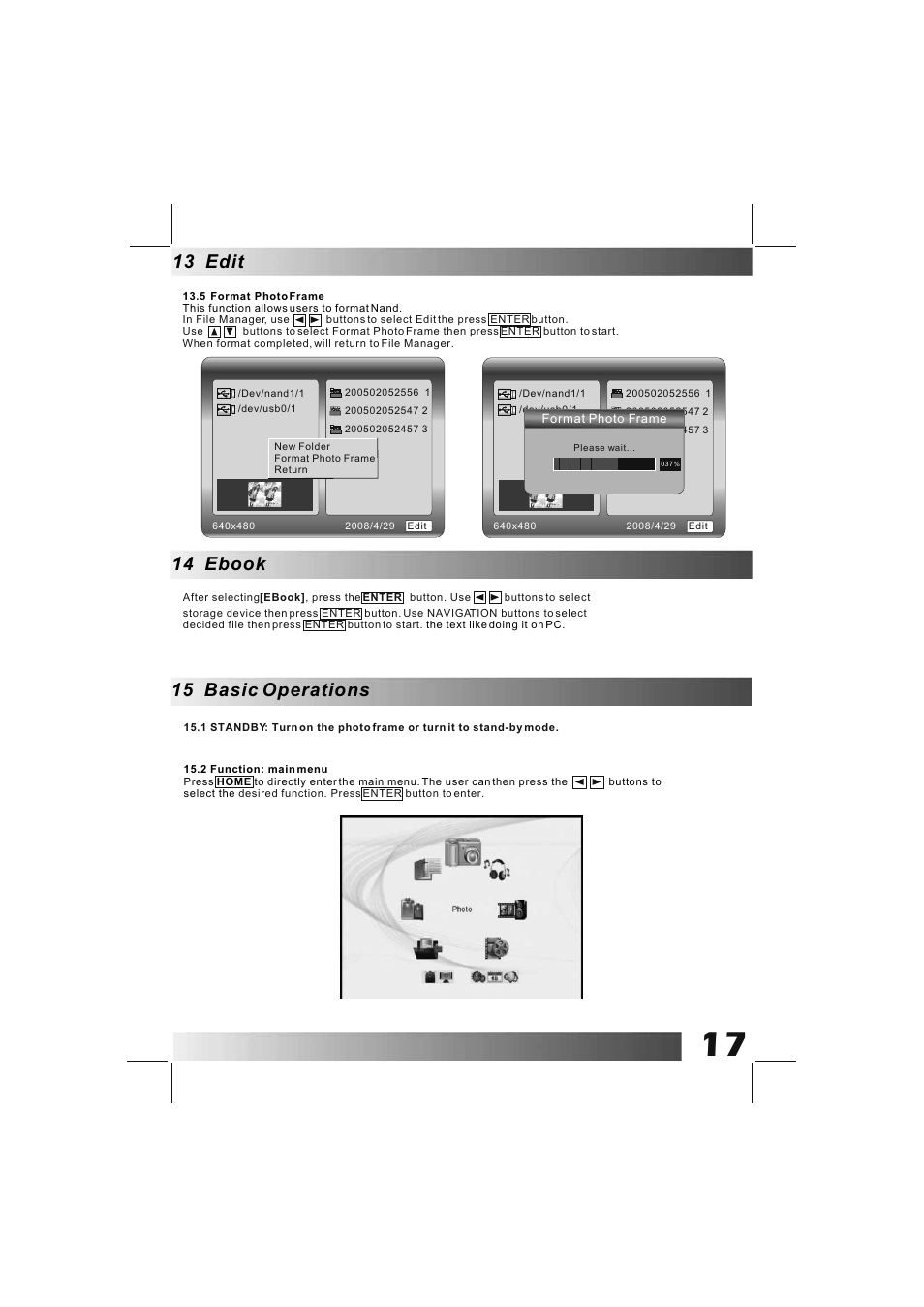 13 edit, 14 ebook, 15 basic operations | BUSH DPF801 User Manual | Page 20 / 26