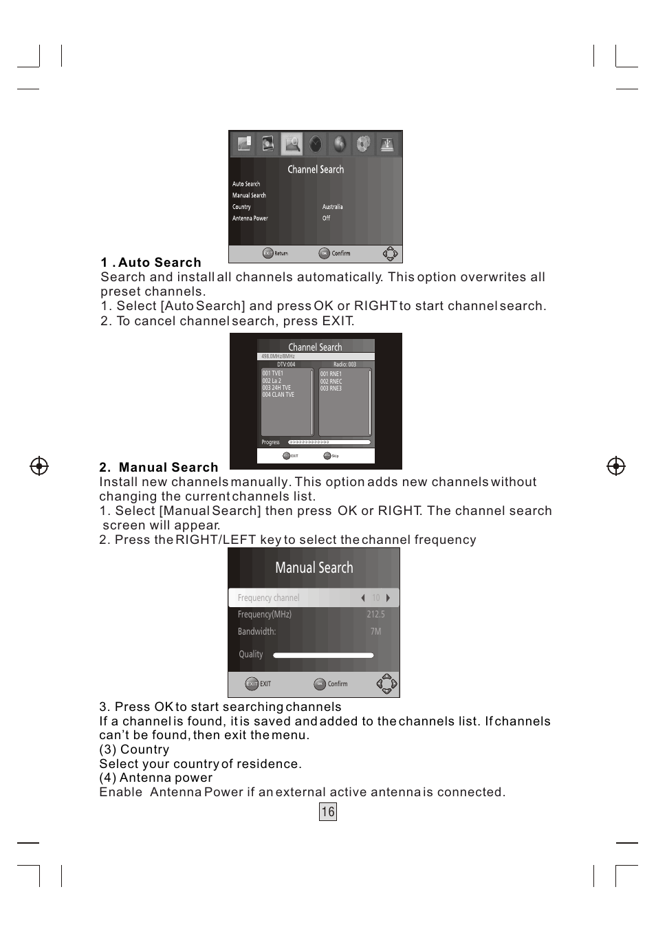 Т³гж 17, Manual search, Power if an external active antenna is connected | BUSH High Definition Digital Set Top Box With USB Record DFTA46R User Manual | Page 17 / 26