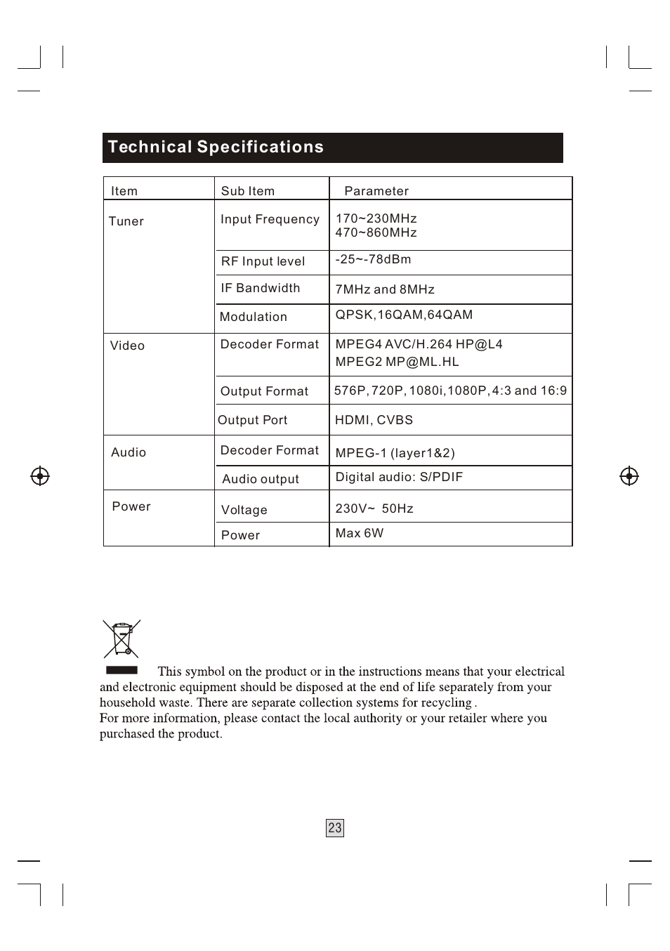 Т³гж 24, Technical specifications | BUSH High Definition Digital Set Top Box With USB Record DFTA46R User Manual | Page 24 / 26