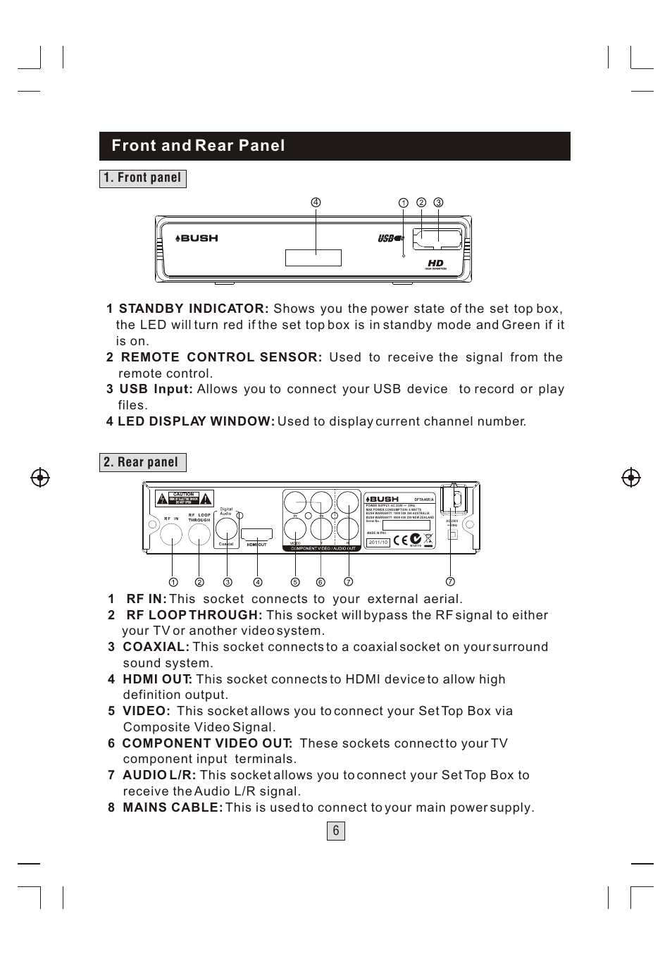 Т³гж 7, Front and rear panel | BUSH High Definition Digital Set Top Box With USB Record DFTA46R User Manual | Page 7 / 26
