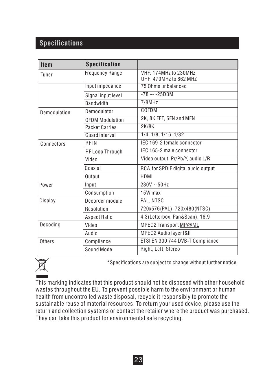 页 29, Specifications | BUSH DVD Player With Integrated High Definition Digital Set Top Box DFTA49DVD User Manual | Page 29 / 32