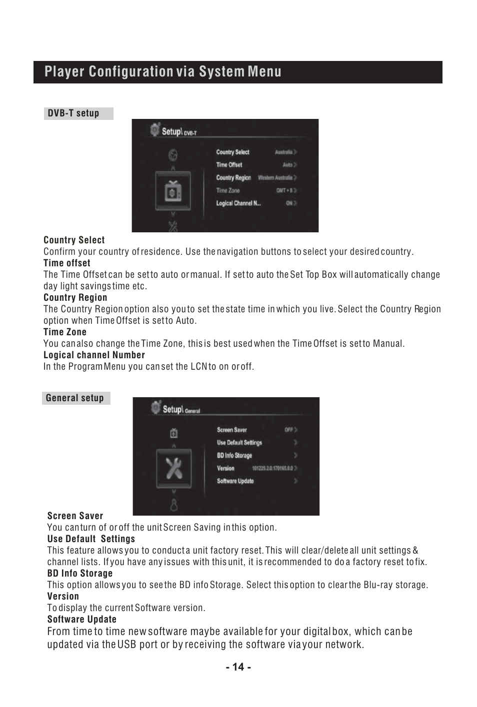 Player configuration via system menu | BUSH High Definition Digital Set Top Box with Integrated Blu-Ray Player DFTA60BR User Manual | Page 19 / 27