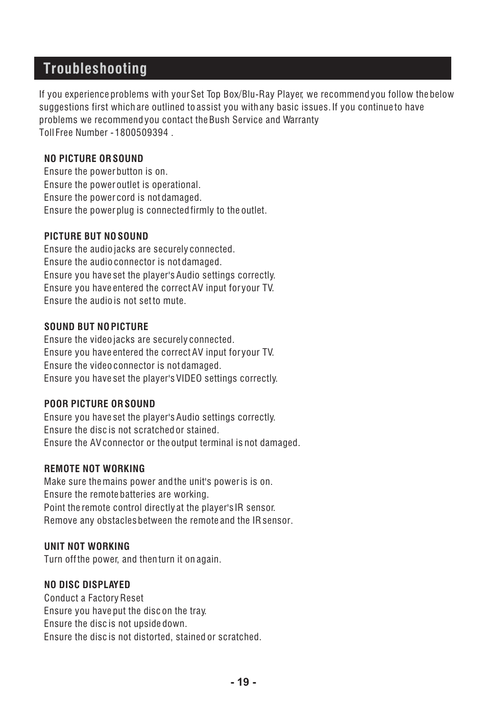 Troubleshooting | BUSH High Definition Digital Set Top Box with Integrated Blu-Ray Player DFTA60BR User Manual | Page 24 / 27