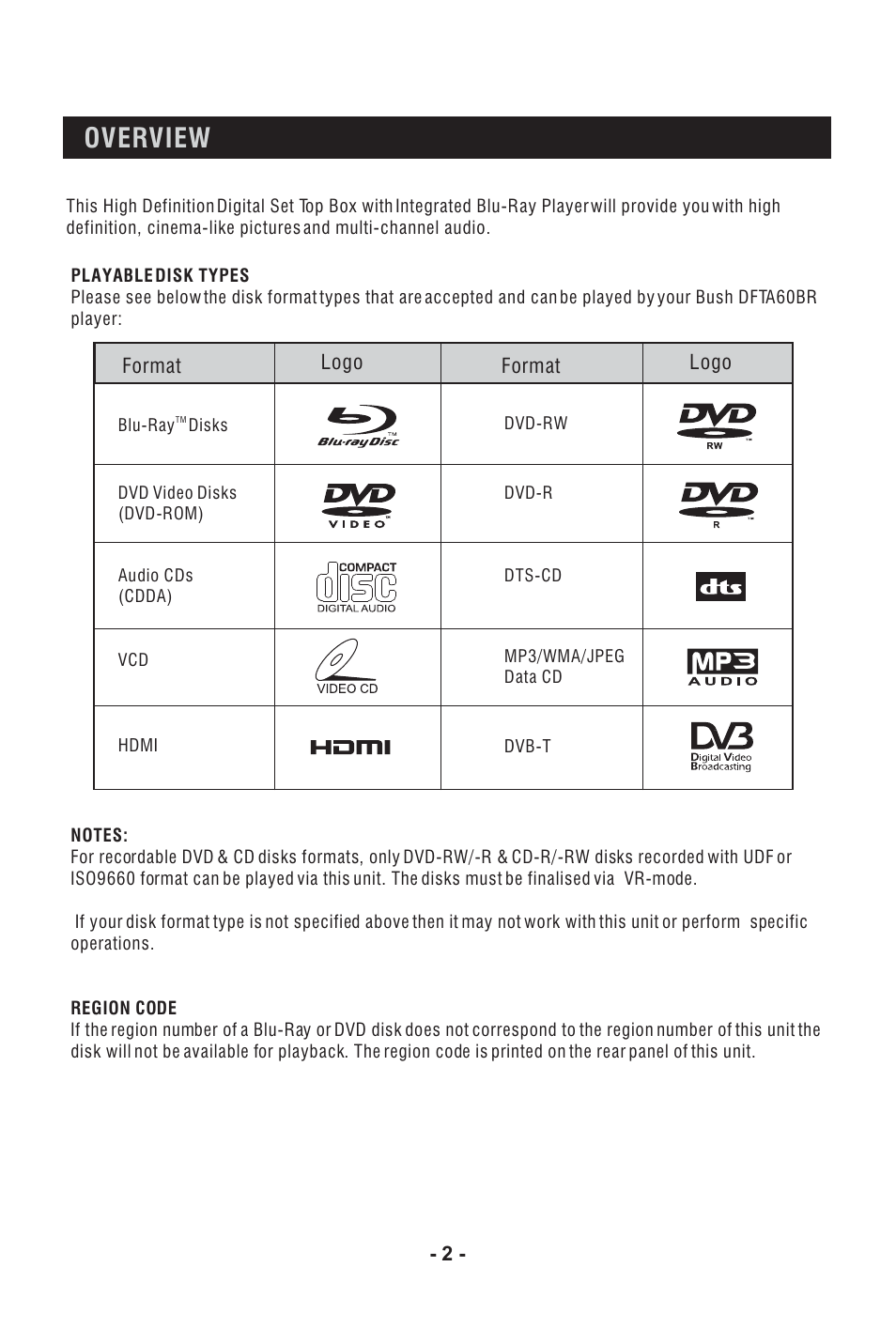 Overview | BUSH High Definition Digital Set Top Box with Integrated Blu-Ray Player DFTA60BR User Manual | Page 7 / 27