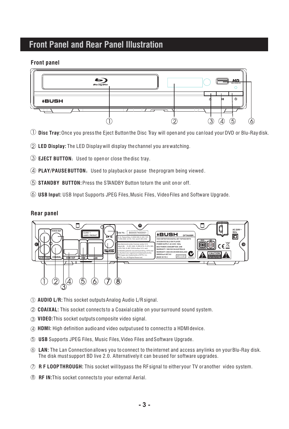 Front panel and rear panel illustration, Front panel rear panel | BUSH High Definition Digital Set Top Box with Integrated Blu-Ray Player DFTA60BR User Manual | Page 8 / 27