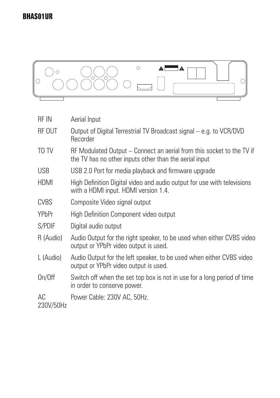 Front and rear panels, Rear panel, 10 bhas01ur | BUSH BHAS01UR User Manual | Page 10 / 40