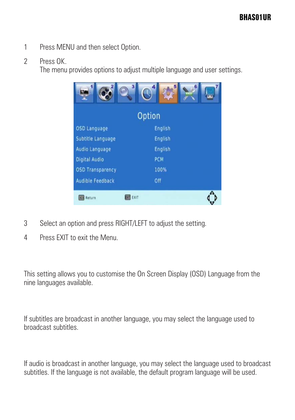 Option | BUSH BHAS01UR User Manual | Page 25 / 40