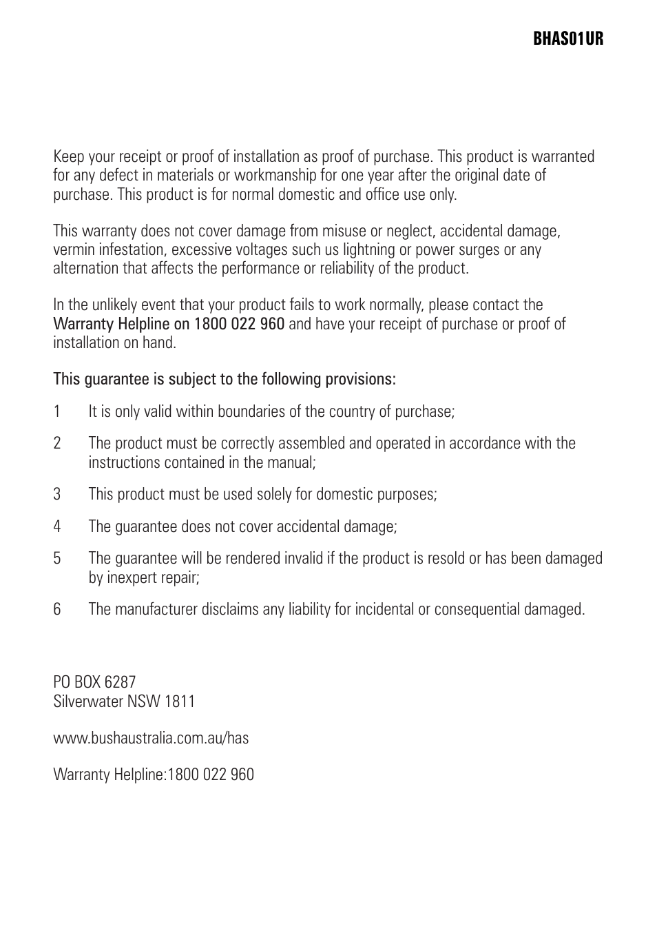 Product warranty | BUSH BHAS01UR User Manual | Page 39 / 40