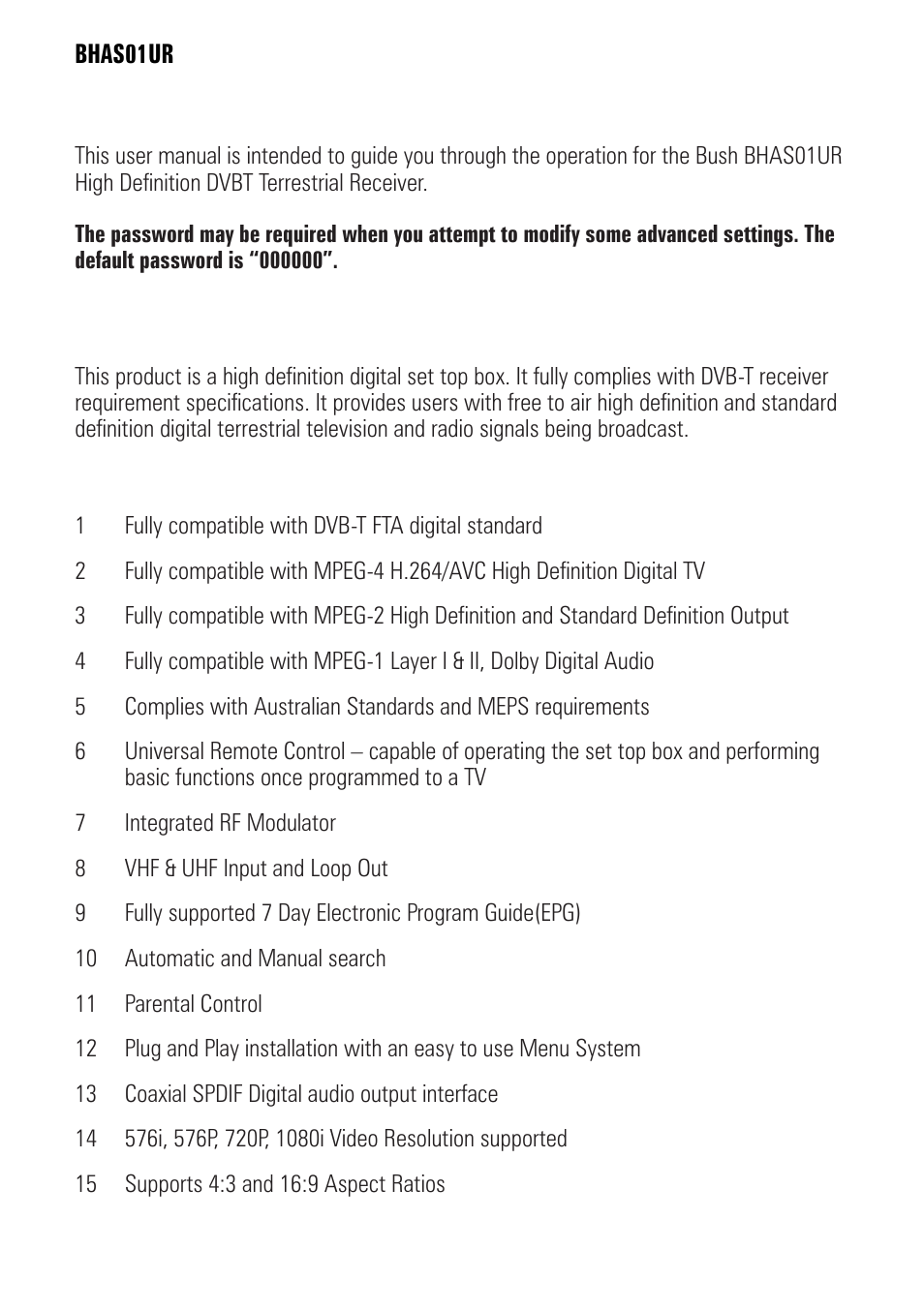 Introduction, Main features and functions, Features | BUSH BHAS01UR User Manual | Page 4 / 40