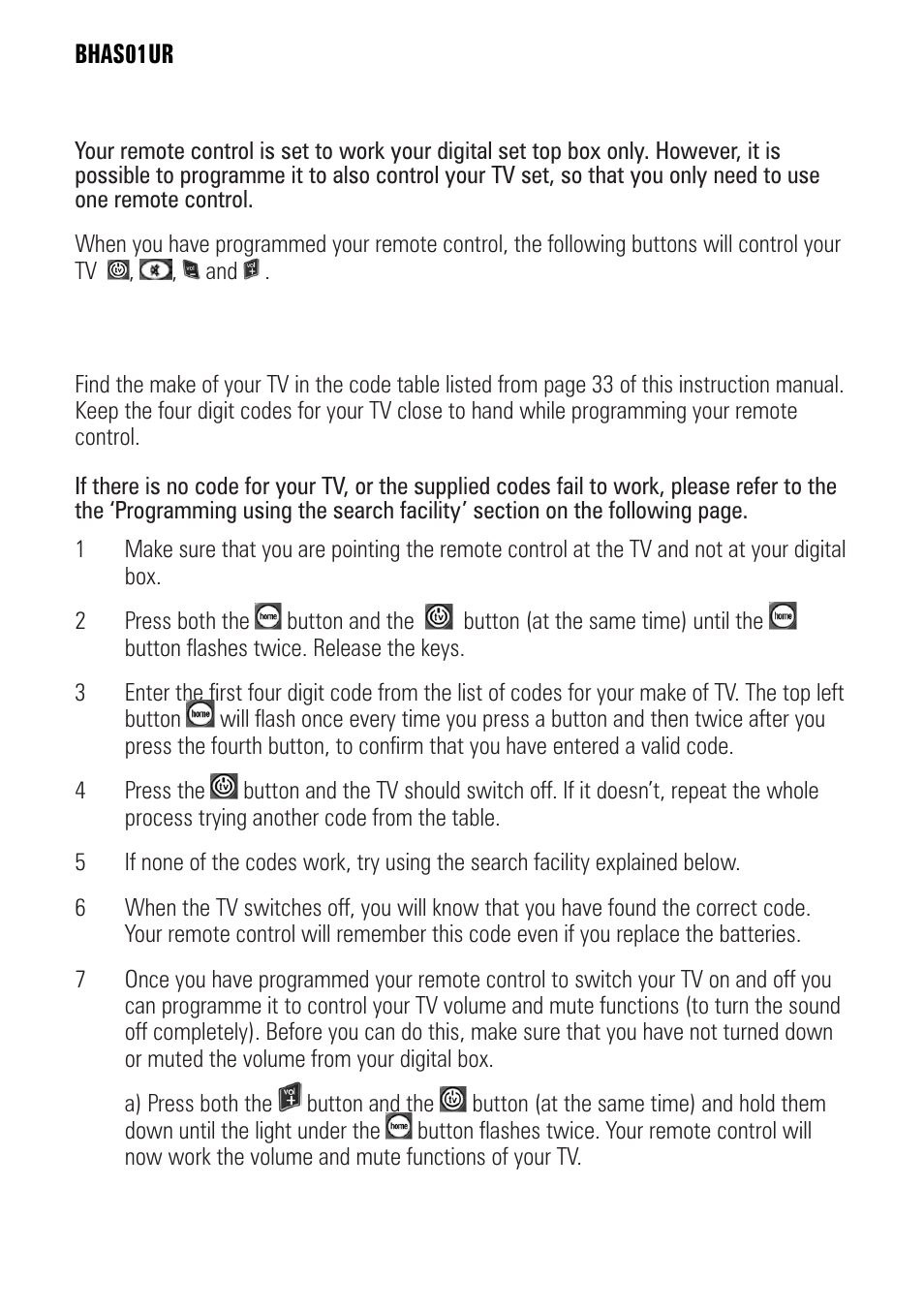 Programming your learning remote control | BUSH BHAS01UR User Manual | Page 8 / 40