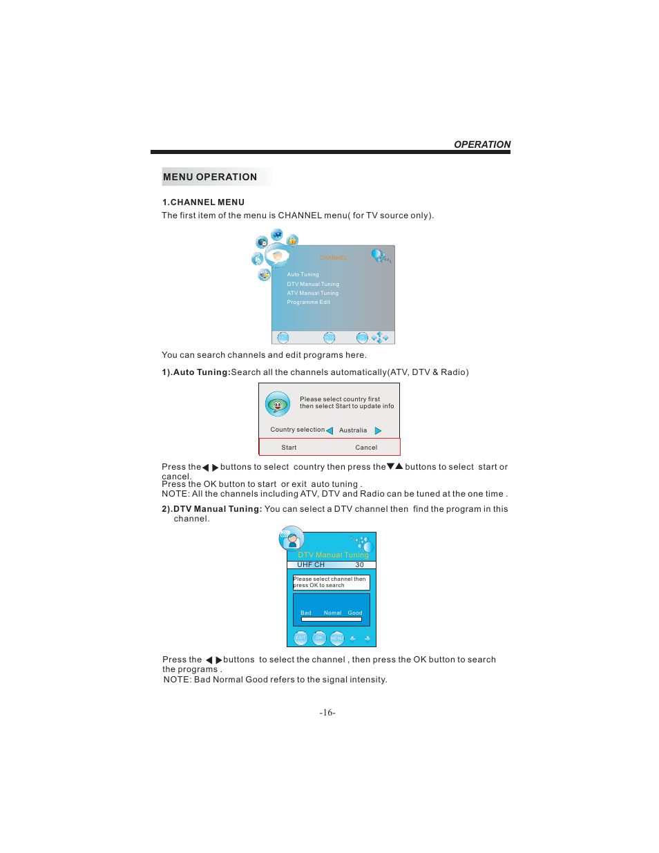 Operation, Menu operation -16 | BUSH HDHIGH DEFINITION SHEFFIELD IDLCD3205HDVI User Manual | Page 17 / 32