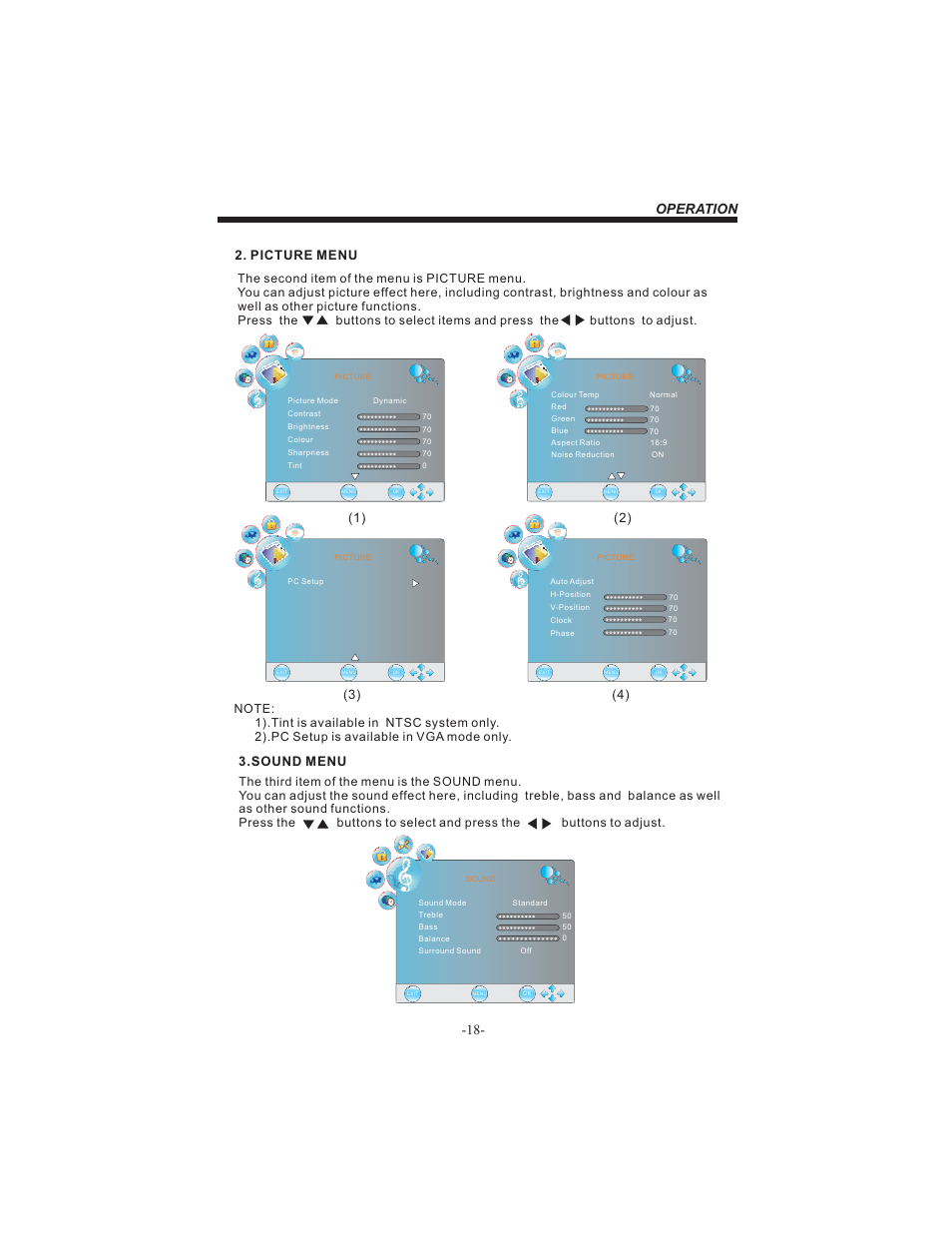 Operation, Sound menu, Picture menu | BUSH HDHIGH DEFINITION SHEFFIELD IDLCD3205HDVI User Manual | Page 19 / 32