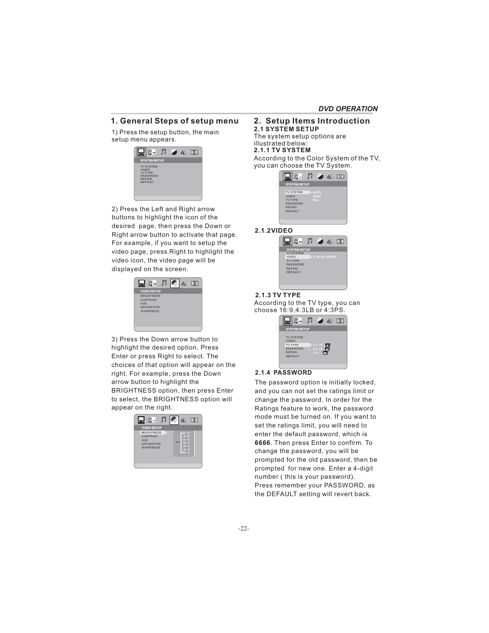 General steps of setup menu, Setup items introduction, Dvd operation | BUSH HDHIGH DEFINITION SHEFFIELD IDLCD3205HDVI User Manual | Page 23 / 32