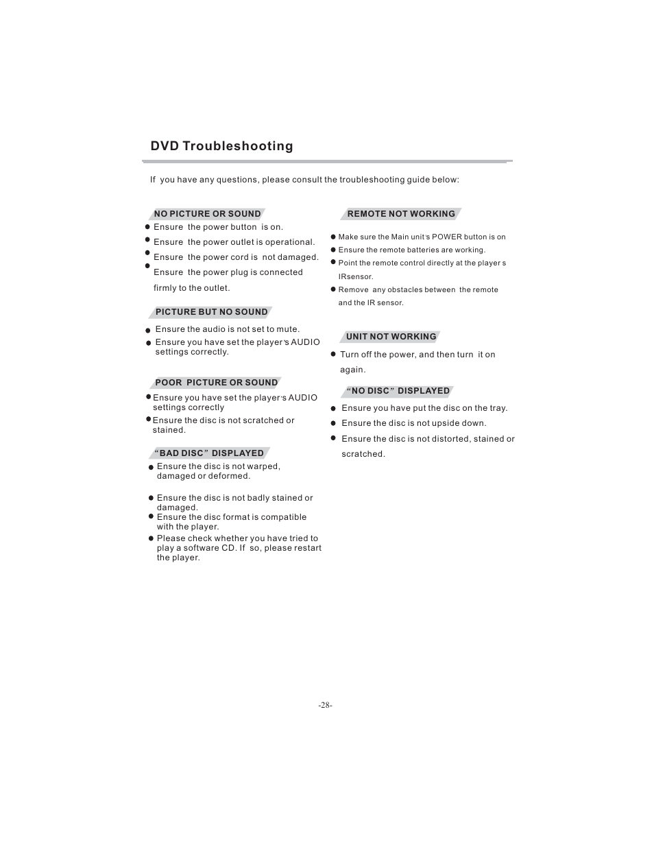 Dvd troubleshooting | BUSH HDHIGH DEFINITION SHEFFIELD IDLCD3205HDVI User Manual | Page 29 / 32