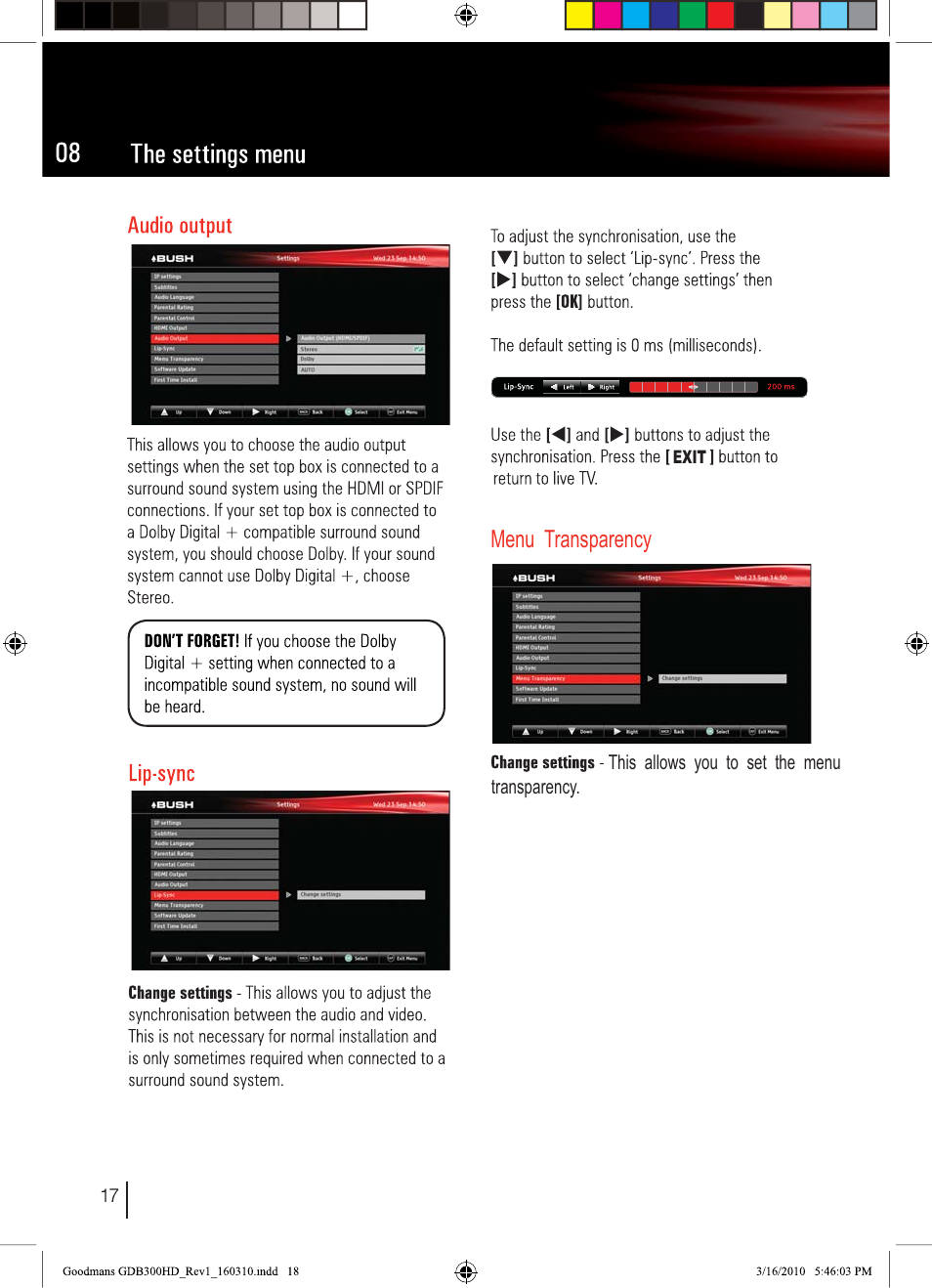 Menu transparency | BUSH Freeview High Definition Digital Set Top Box DFTA50FVE User Manual | Page 19 / 30