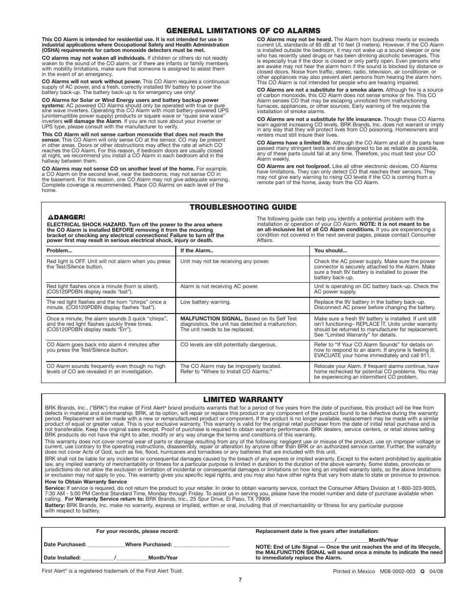 Limited warranty, Troubleshooting guide, General limitations of co alarms | BRK electronic CO5120PDBN User Manual | Page 7 / 7