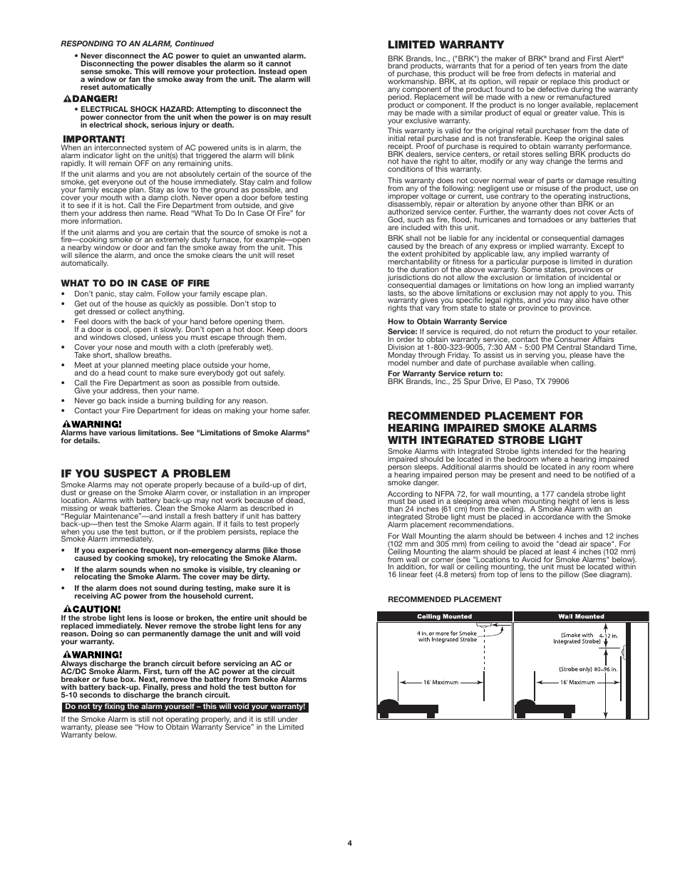 Limited warranty, If you suspect a problem | BRK electronic SC9120B User Manual | Page 4 / 6