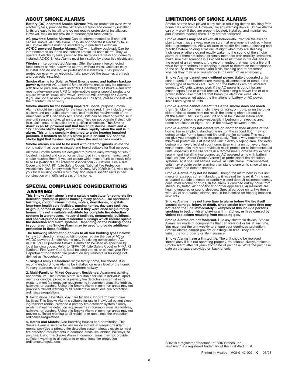 About smoke alarms, Special compliance considerations, Limitations of smoke alarms | BRK electronic SC9120B User Manual | Page 6 / 6