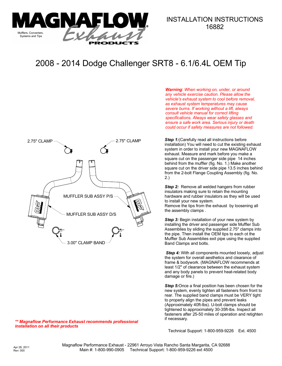 MagnaFlow DODGE CHALLENGER SRT-8 HEMI Stainless Cat-Back System PERFORMANCE EXHAUST User Manual | 2 pages