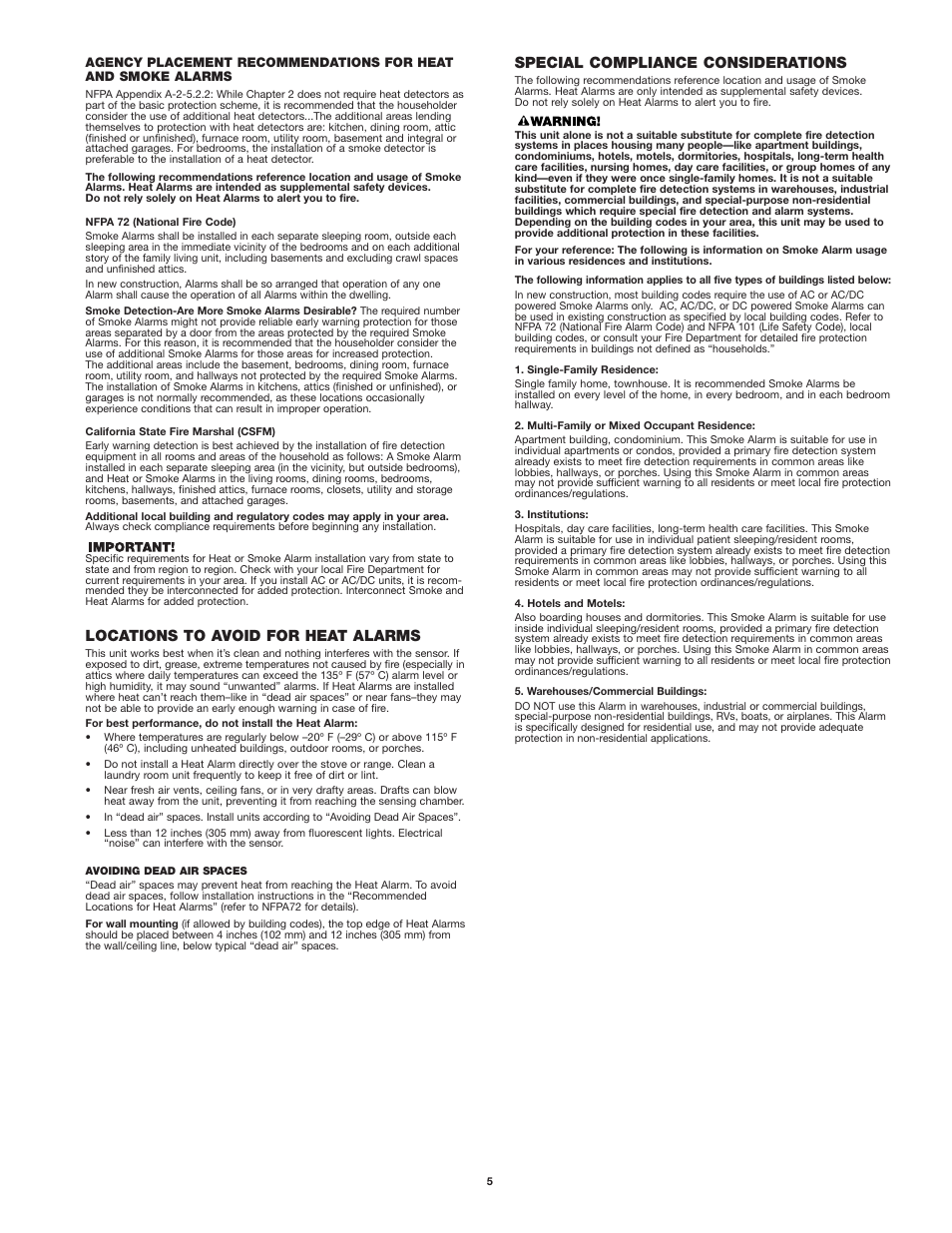 Locations to avoid for heat alarms, Special compliance considerations | BRK electronic UL539 User Manual | Page 5 / 6