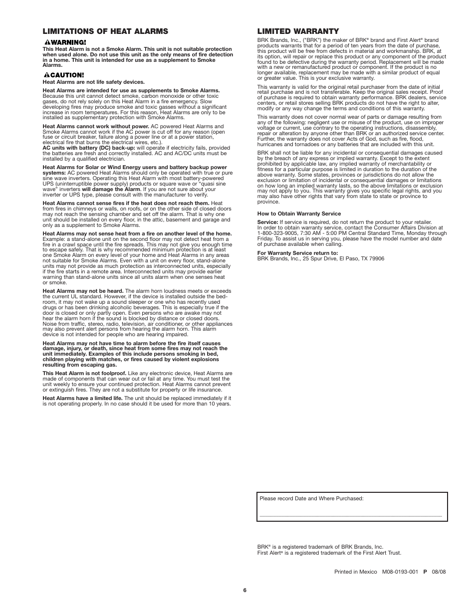 Limitations of heat alarms, Limited warranty | BRK electronic UL539 User Manual | Page 6 / 6