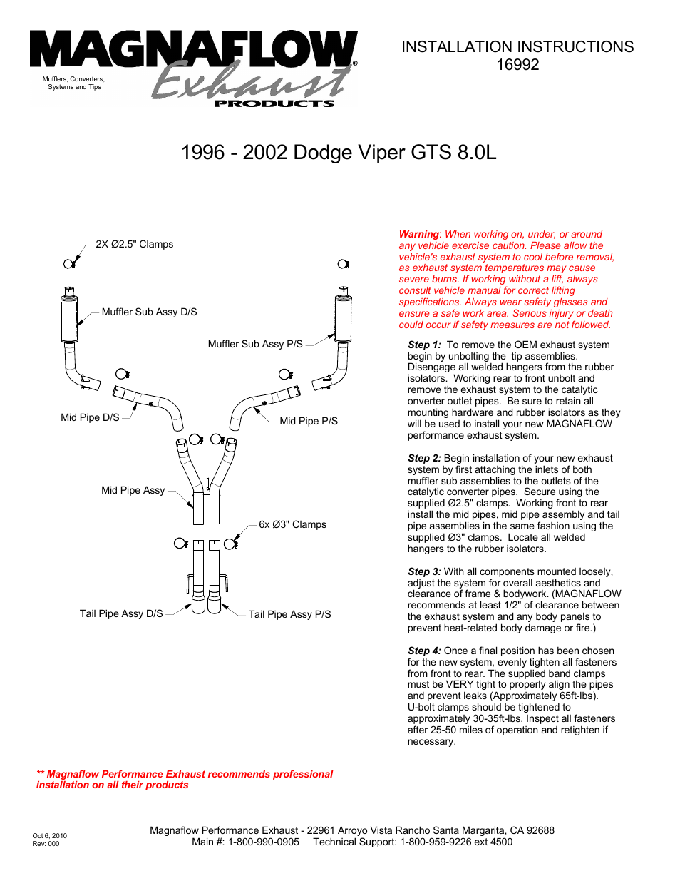 MagnaFlow DODGE VIPER Stainless Cat-Back System PERFORMANCE EXHAUST User Manual | 1 page