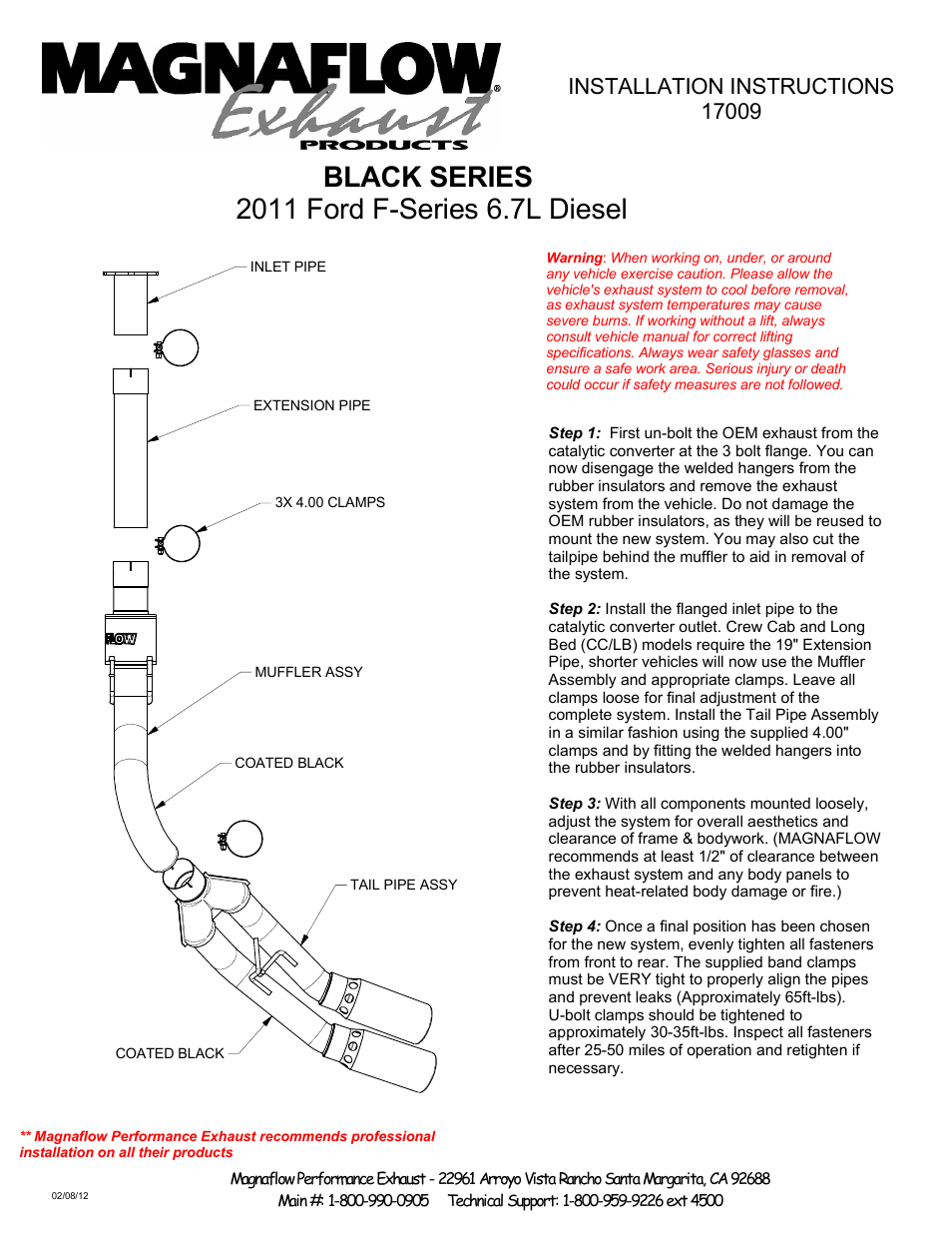 MagnaFlow FORD DIESEL 6.7L DIESEL, 4in DUAL Black Series Kit Diesel PERFORMANCE EXHAUST User Manual | 1 page