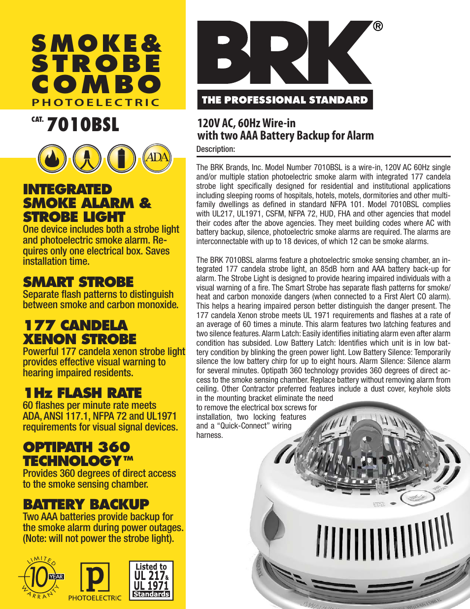 BRK electronic INTEGRATED SMOKE ALARM & STROBE LIGHT 7010BSL User Manual | 2 pages