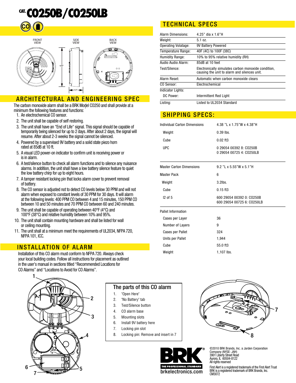 Architectural and engineering spec, Installation of alarm, Shipping specs: technical specs | 8the parts of this co alarm 7 | BRK electronic CO250B User Manual | Page 2 / 2